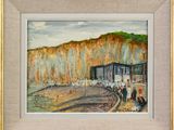 painting of a painting of a beach scene with people walking on the beach