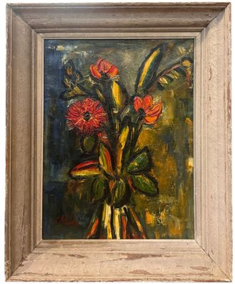 an oil painting of a vase of flowers on a table