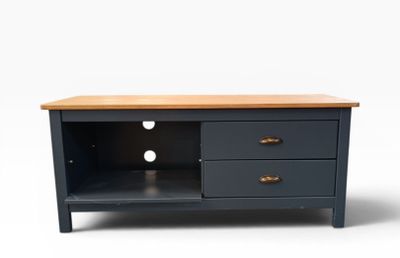 an image of a tv stand with two drawers and a wooden top