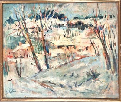 an oil painting of a snowy landscape with trees in the foreground