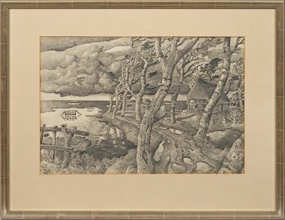 dessin représentant un paysage avec une rivière et des arbres au premier plan