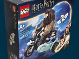 une boîte sur laquelle figure un personnage Lego d'Harry Potter à moto
