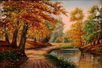 un tableau représentant une rivière au milieu d'une forêt