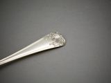 a silver spoon with a flower on it on a table