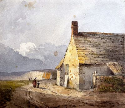 une aquarelle représentant une maison au bord de la route