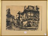 dessin représentant une scène de rue avec des bâtiments et un homme marchant dans la rue