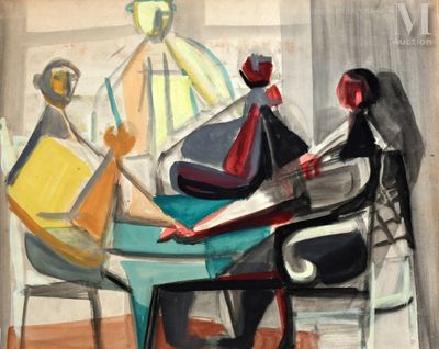 une peinture représentant un homme et une femme assis à une table