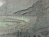 an oil painting of a boat in the ocean on a cloudy day