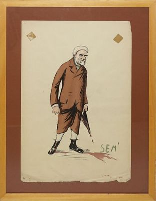 tableau représentant un homme vêtu d'un manteau marron, un parapluie à la main