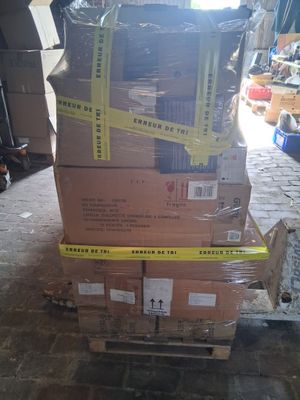 boxes stacked on top of each other on a pallet in a warehouse
