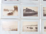 several old black and white photographs of boats on a river