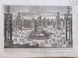 an old book with a drawing of a courtyard with people walking around it