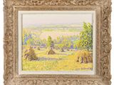 un tableau représentant un paysage avec des balles de foin et des arbres
