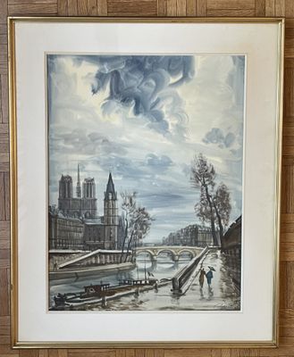 tableau encadré représentant une scène fluviale avec un pont et une église