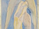 une image représentant un tableau d'une femme ailée sur fond bleu