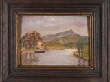 an oil painting of a river scene with a boat in the foreground