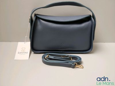 an image of a blue handbag with a strap and a tag