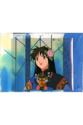 an image of a woman with a flower in her hair standing in front of a window