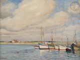 un tableau représentant des bateaux sur l'eau, avec le ciel en arrière-plan