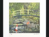painting of a bridge over a pond of water lilies and a red fire hydrant