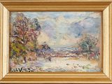 an oil painting of a snowy landscape with trees in the foreground