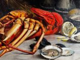 a painting of a lobster and oysters on a table