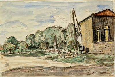 peinture représentant une scène de vie à la ferme avec une grange et un moulin à vent