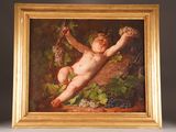 a painting of a baby with grapes in a gold frame