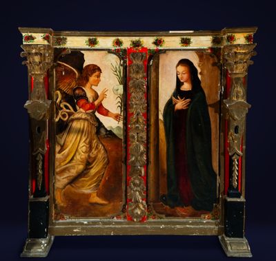 an image of a painting of two women with flowers in their hands