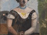 painting of a woman in a black dress sitting on a bench