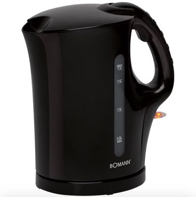 the black electric kettle is sitting on a white surface