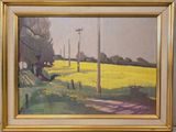 un tableau représentant un champ de fleurs jaunes, dans un cadre doré
