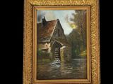 une peinture à l'huile représentant un moulin à eau au bord d'une rivière, avec une maison en arrière-plan