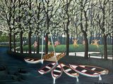 tableau représentant des bateaux dans un parc avec des arbres et des canards dans l'eau