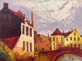 painting of a painting of a bridge over a river with buildings in the background