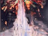 a painting of a castle with fireworks in the sky