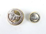 two gold and silver buttons with a dog head on them