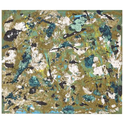 une peinture abstraite réalisée à la peinture verte et bleue sur fond blanc