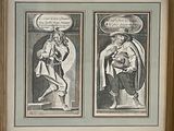 two framed pictures of a man and a woman with a speech bubble above their heads