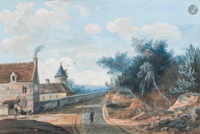 un tableau représentant un village situé sur une colline, avec une calèche tirée par un cheval