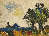 tableau représentant un tableau d'un arbre dans un champ, avec le ciel en arrière-plan