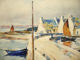 a painting of a boat in the water near a village