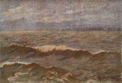 peinture représentant un tableau représentant une vaste étendue d'eau avec un bateau au loin