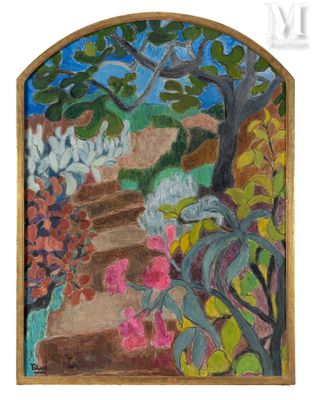 an image of a painting of a garden with flowers and trees