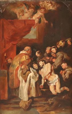 an oil painting of a group of people in a room