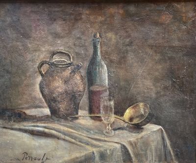 a painting of a bottle of wine and a spoon on a table