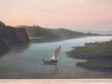 a painting of a sailboat on the water near a cliff