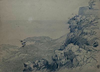 un dessin représentant un oiseau volant au-dessus d'une falaise rocheuse