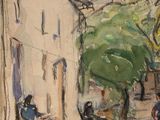 a painting of a street scene with people walking down the street