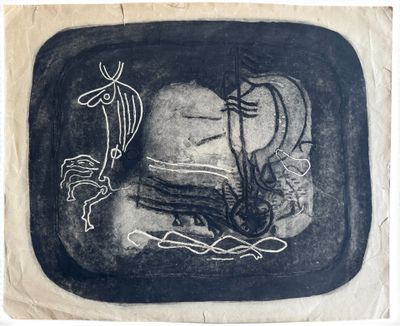 dessin représentant un chapeau et un poisson sur une assiette en noir et blanc